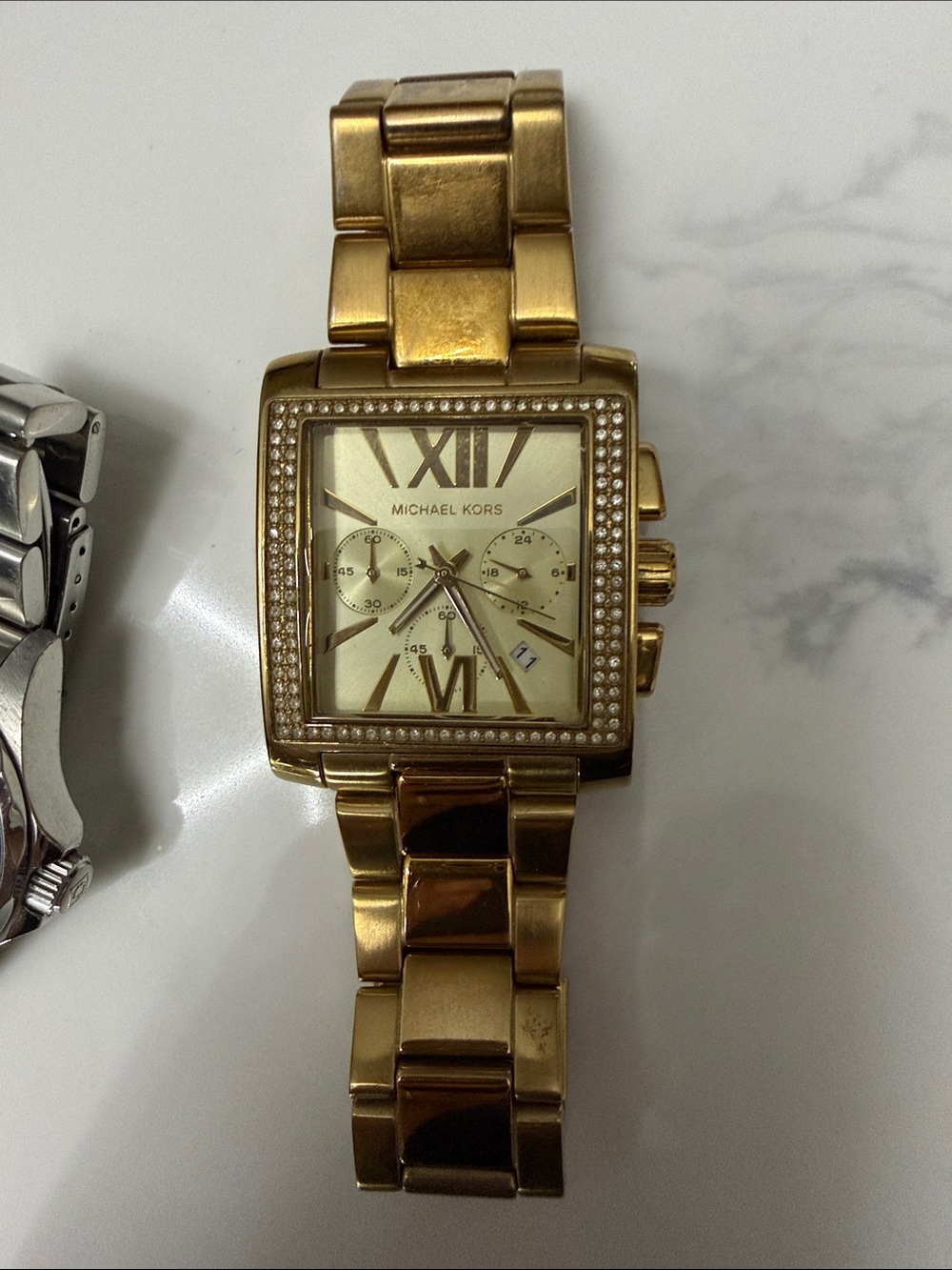 Michael Kors Gold Tone Crystal-Accent Square Bracelet Watch